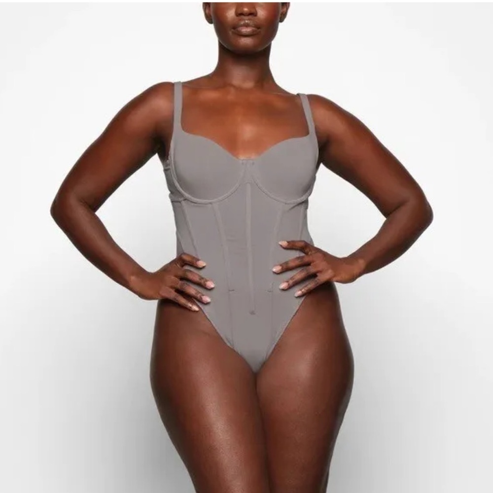 SKIMS Charcoal Grey Cotton Corset Thong Bodysuit | Size: XXS | Sold Out - Picture 2 of 7